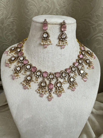 Ruby Red Monalisa & Polki Kundan Necklace Set with Mint Drops | Antique Gold Finish