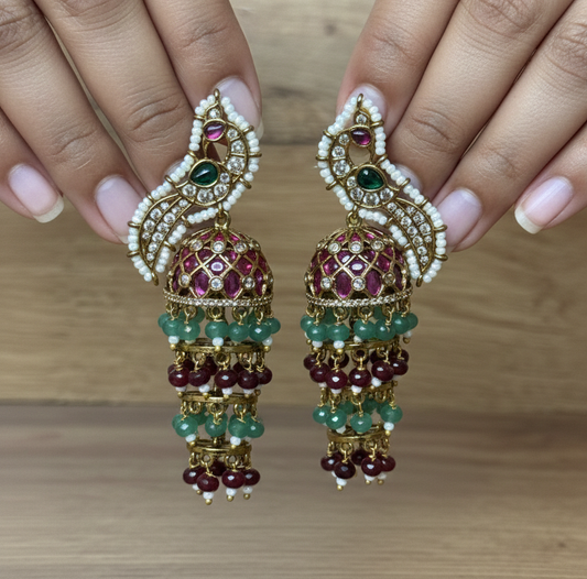 Royal Peacock Polki Jhumka Earrings with Multi-Tiered Emerald & Ruby Beads