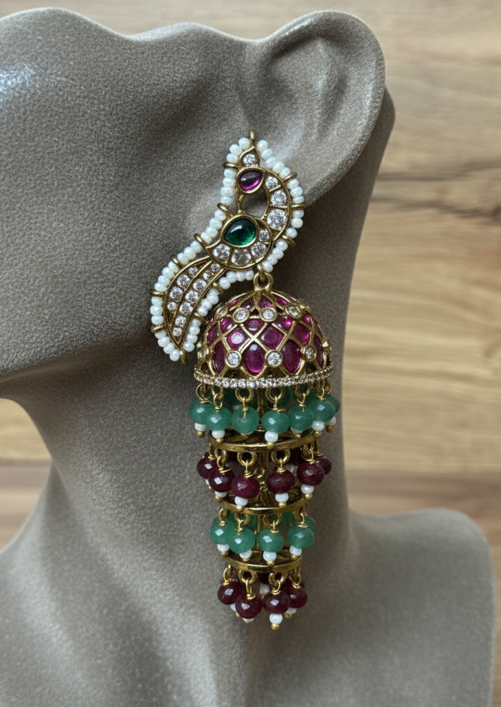Royal Peacock Polki Jhumka Earrings with Multi-Tiered Emerald & Ruby Beads