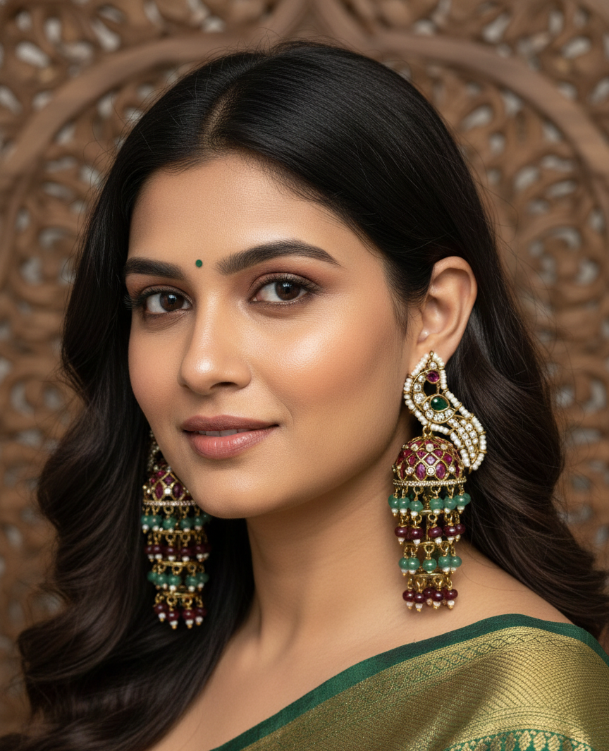 Royal Peacock Polki Jhumka Earrings with Multi-Tiered Emerald & Ruby Beads