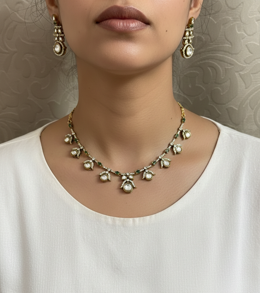 Antique Gold-Plated Kundan Necklace Set with Precious Stone Accents – Includes Matching Drop Earrings
