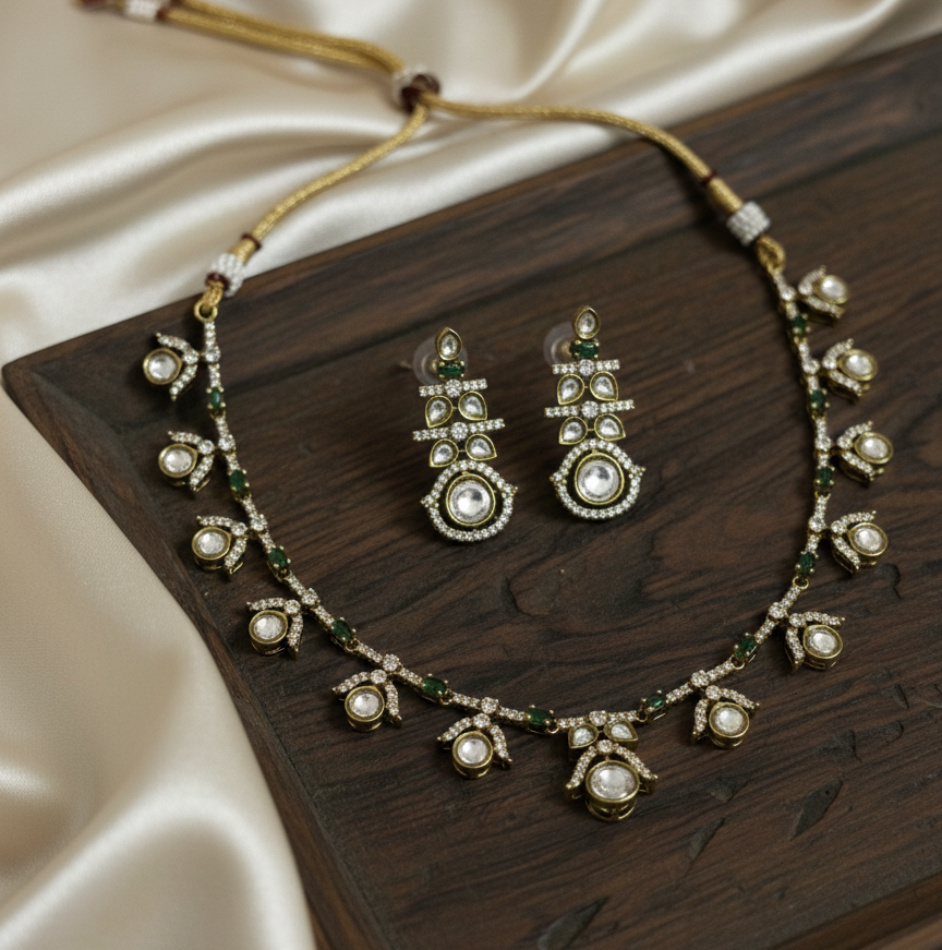 Antique Gold-Plated Kundan Necklace Set with Precious Stone Accents – Includes Matching Drop Earrings