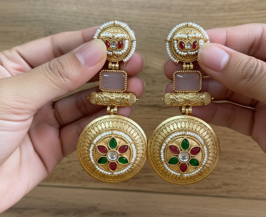 : Traditional Kashmiri Emerald Green Drop Earrings with Antique Gold Finish