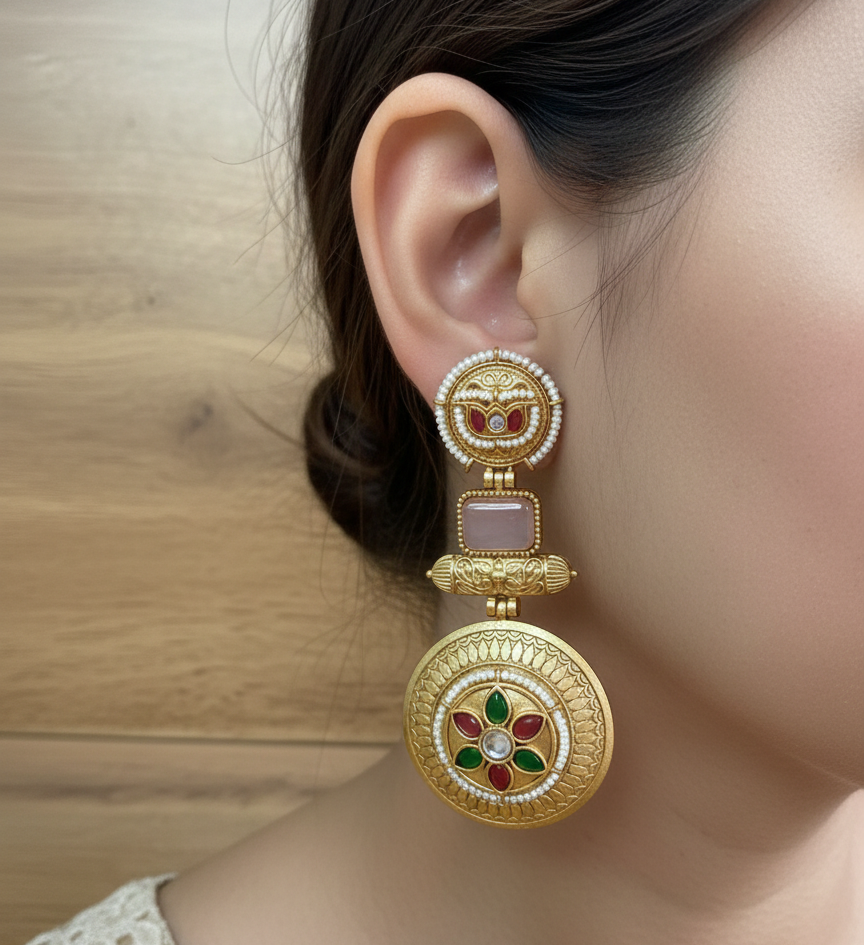 : Traditional Kashmiri Emerald Green Drop Earrings with Antique Gold Finish