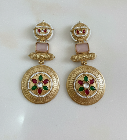 : Traditional Kashmiri Emerald Green Drop Earrings with Antique Gold Finish