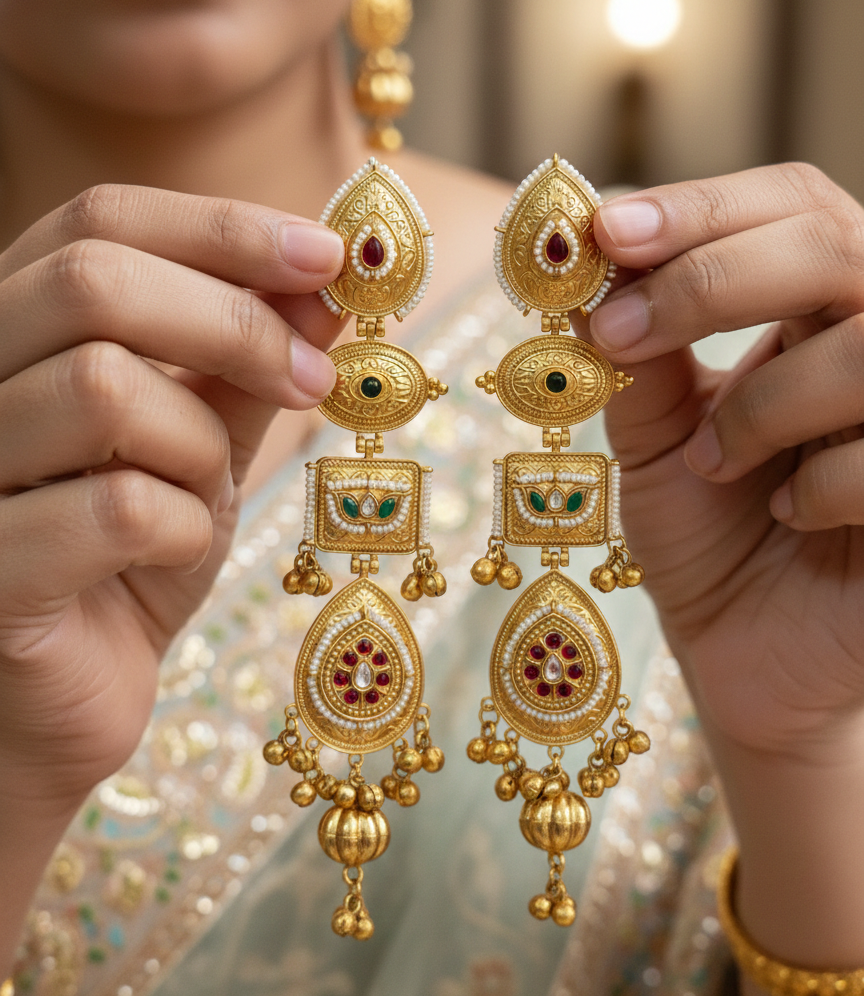 Antique Gold-Tone Kashmiri Long Jhumka Earrings with Kundan & Pearl Accents
