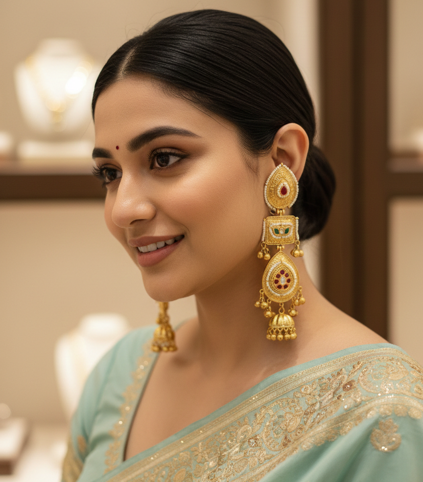 Antique Gold-Tone Kashmiri Long Jhumka Earrings with Kundan & Pearl Accents