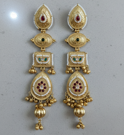 Antique Gold-Tone Kashmiri Long Jhumka Earrings with Kundan & Pearl Accents
