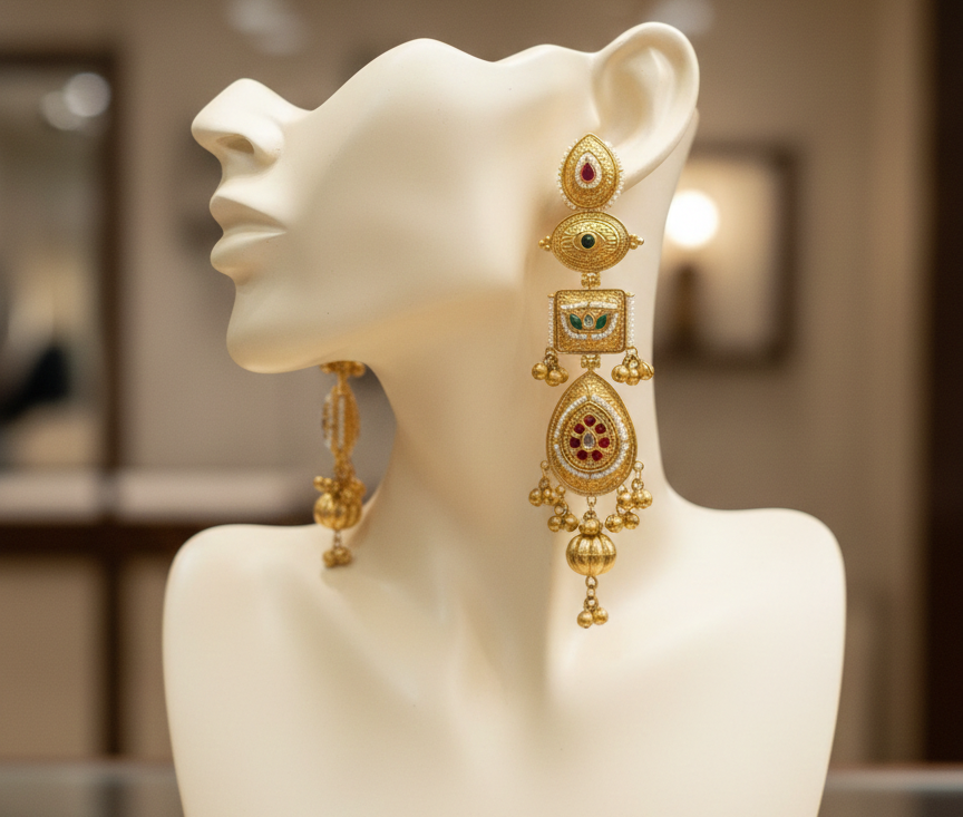 Antique Gold-Tone Kashmiri Long Jhumka Earrings with Kundan & Pearl Accents