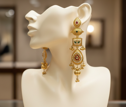Antique Gold-Tone Kashmiri Long Jhumka Earrings with Kundan & Pearl Accents