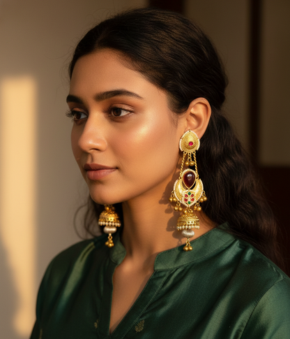 Antique Gold-Tone Kashmiri Long Jhumka Earrings with Ruby Stones & Pearl Droplets