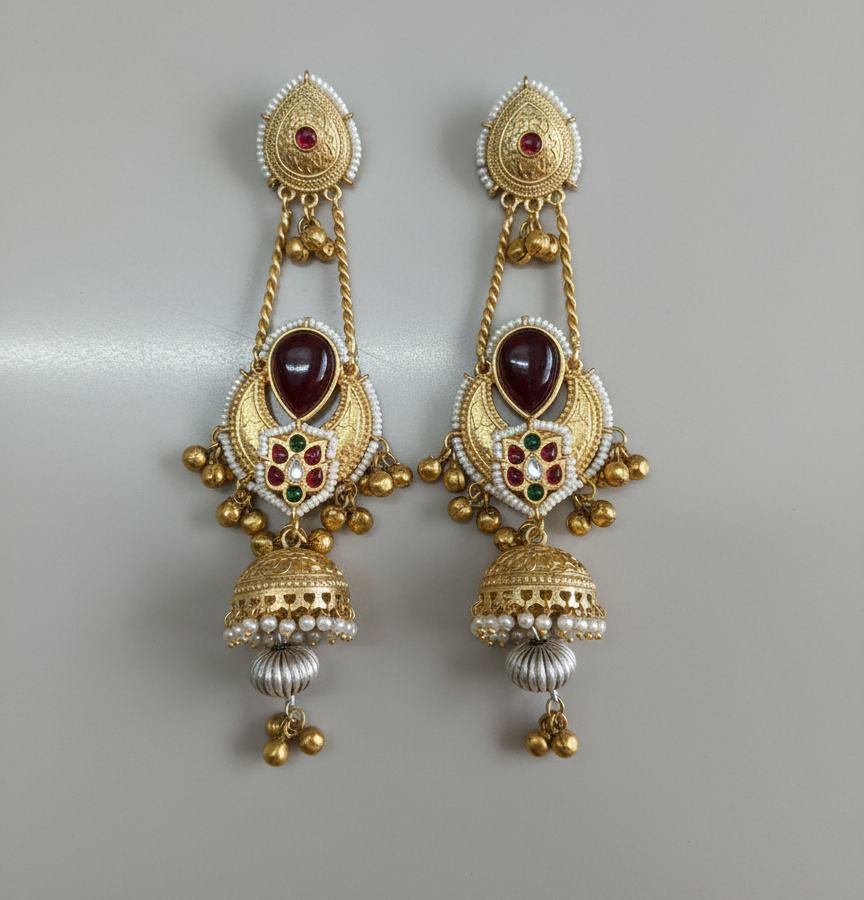 Antique Gold-Tone Kashmiri Long Jhumka Earrings with Ruby Stones & Pearl Droplets