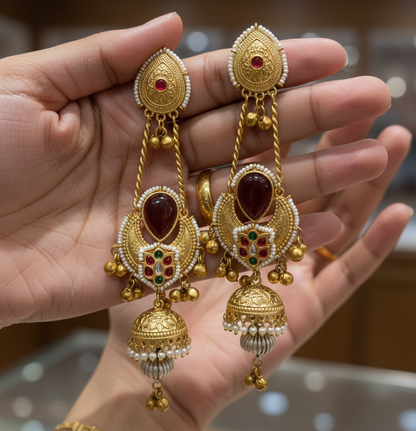 Antique Gold-Tone Kashmiri Long Jhumka Earrings with Ruby Stones & Pearl Droplets