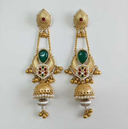 Antique Gold-Tone Kashmiri Long Jhumka Earrings with Ruby Stones & Pearl Droplets