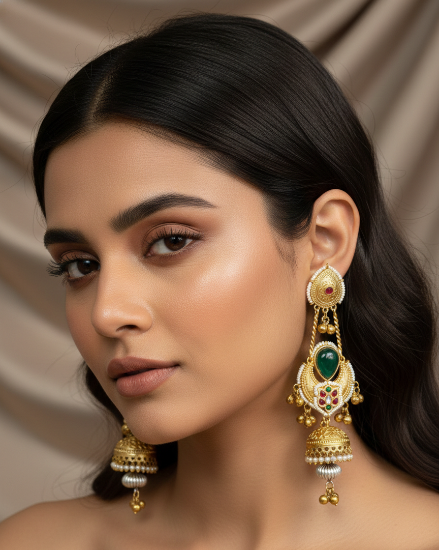 Antique Gold-Tone Kashmiri Long Jhumka Earrings with Ruby Stones & Pearl Droplets