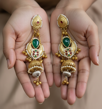 Antique Gold-Tone Kashmiri Long Jhumka Earrings with Ruby Stones & Pearl Droplets