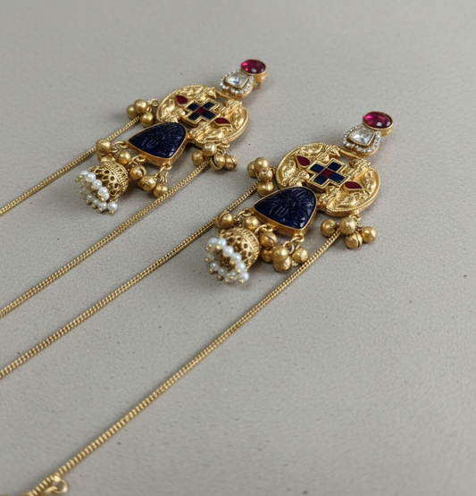 Antique Gold-Plated Kashmiri Jhumka Earrings with Meenakari and Long Saharas