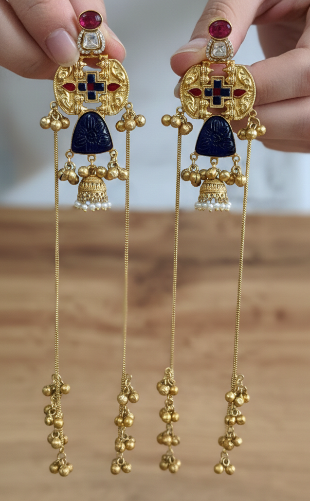 Antique Gold-Plated Kashmiri Jhumka Earrings with Meenakari and Long Saharas