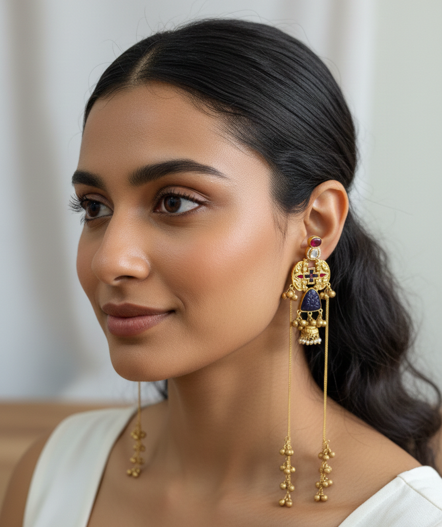 Antique Gold-Plated Kashmiri Jhumka Earrings with Meenakari and Long Saharas