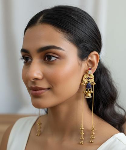 Antique Gold-Plated Kashmiri Jhumka Earrings with Meenakari and Long Saharas