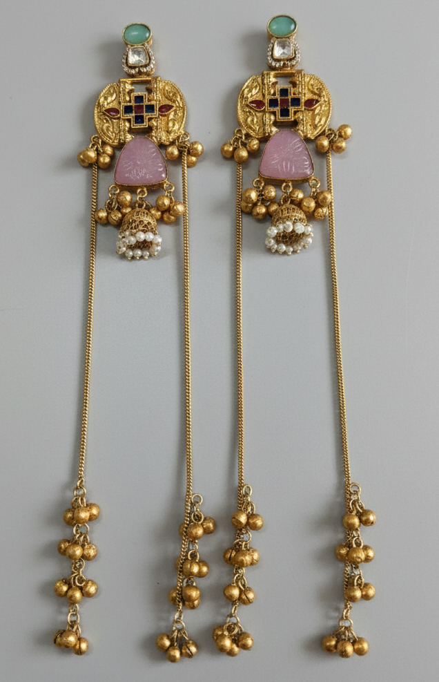 Antique Gold-Plated Kashmiri Jhumka Earrings with Meenakari and Long Saharas