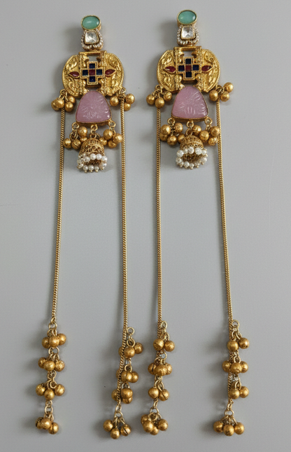 Antique Gold-Plated Kashmiri Jhumka Earrings with Meenakari and Long Saharas