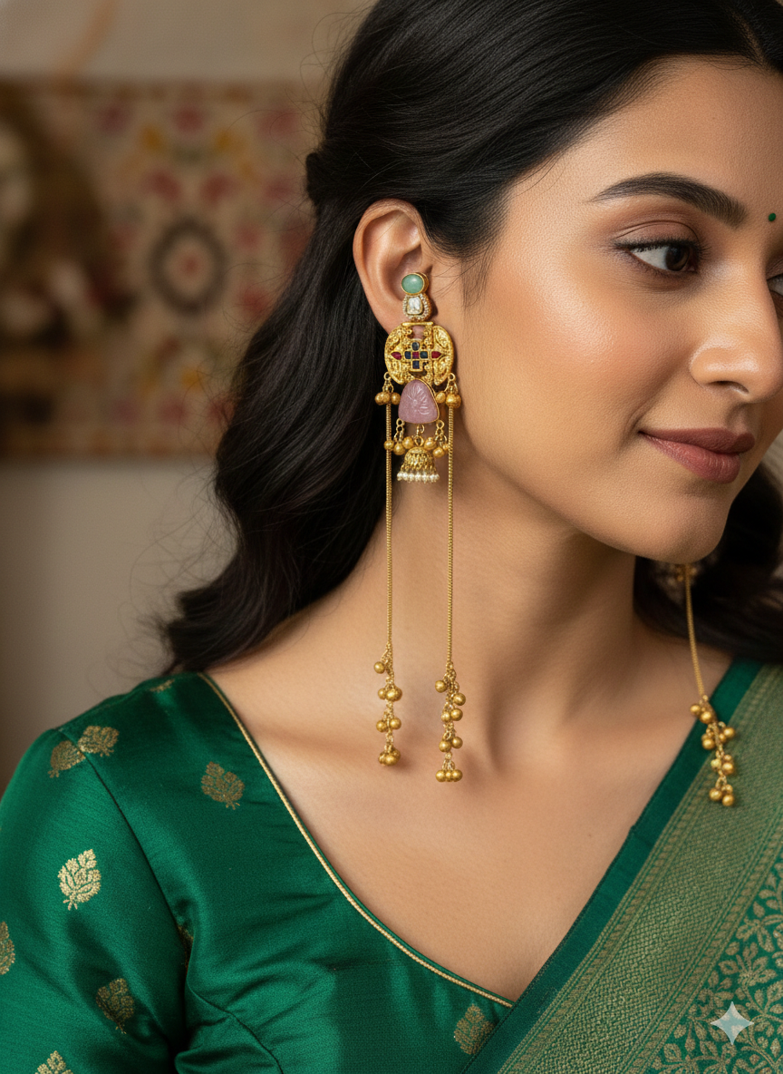 Antique Gold-Plated Kashmiri Jhumka Earrings with Meenakari and Long Saharas
