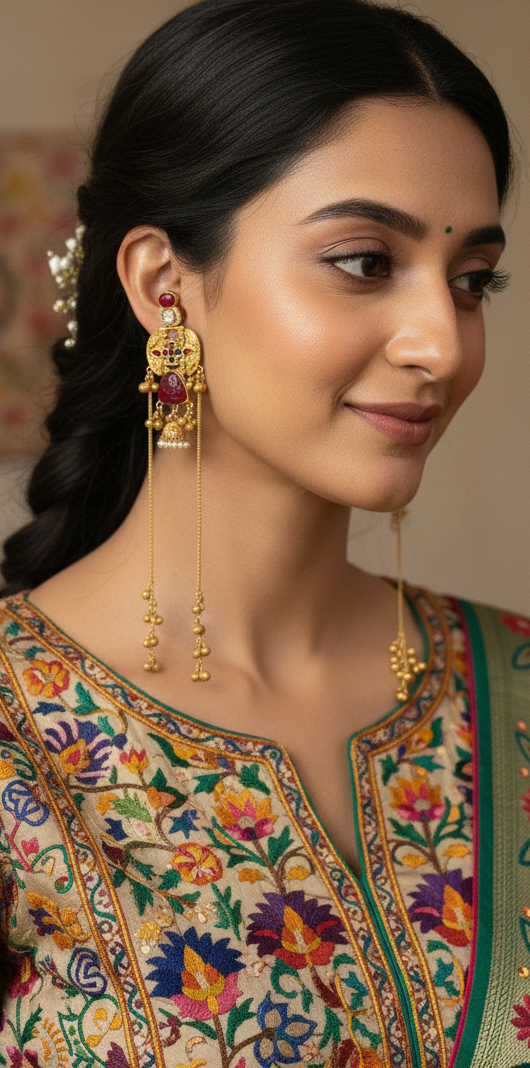 Antique Gold-Plated Kashmiri Jhumka Earrings with Meenakari and Long Saharas