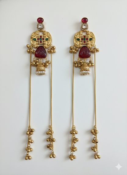 Antique Gold-Plated Kashmiri Jhumka Earrings with Meenakari and Long Saharas