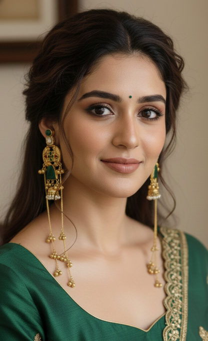 Antique Gold-Plated Kashmiri Jhumka Earrings with Meenakari and Long Saharas