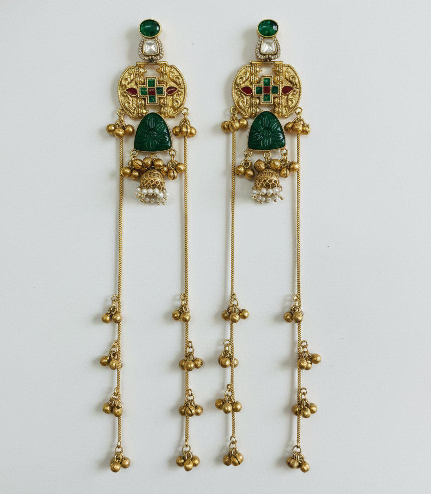 Antique Gold-Plated Kashmiri Jhumka Earrings with Meenakari and Long Saharas