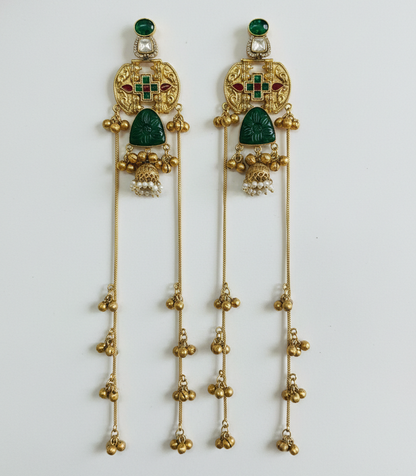 Antique Gold-Plated Kashmiri Jhumka Earrings with Meenakari and Long Saharas