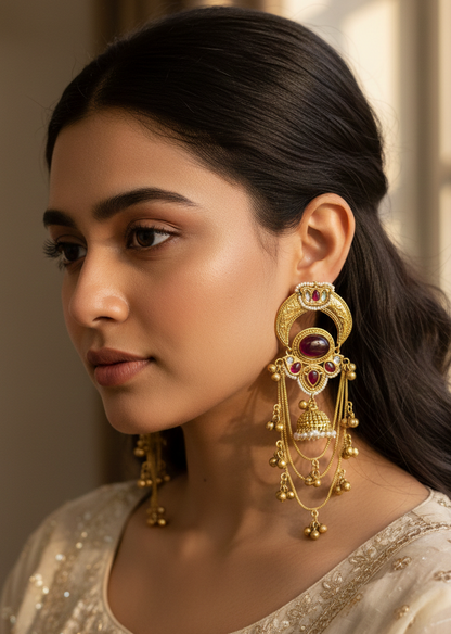 Antique Gold Kashmiri Dejhoor Earrings with Stones and Pearl Droplets
