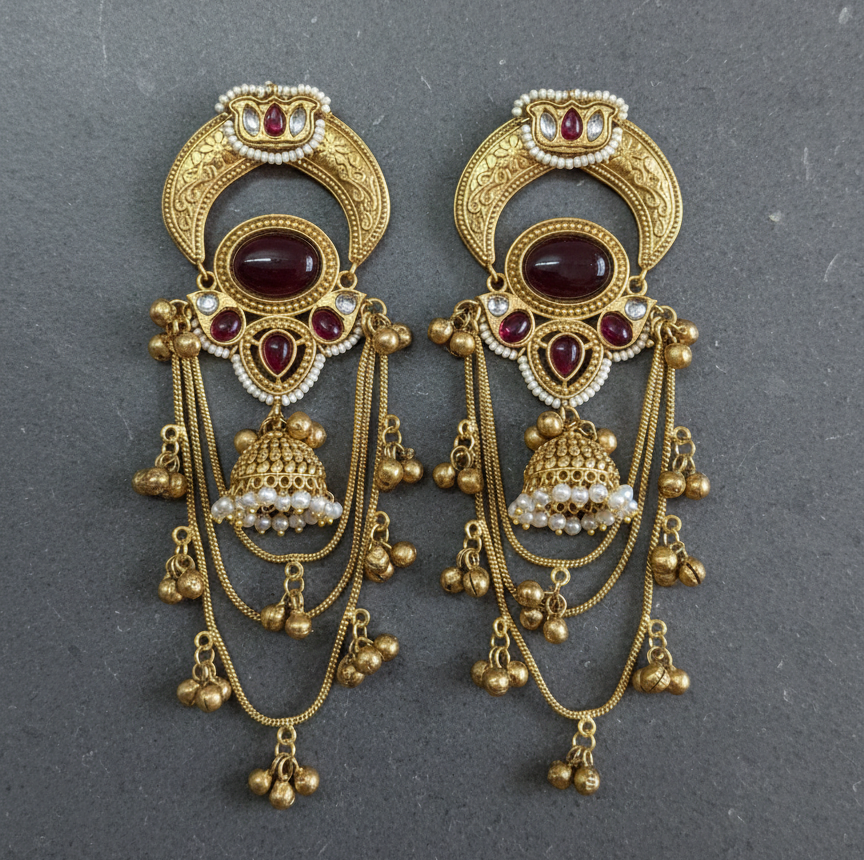 Antique Gold Kashmiri Dejhoor Earrings with Stones and Pearl Droplets