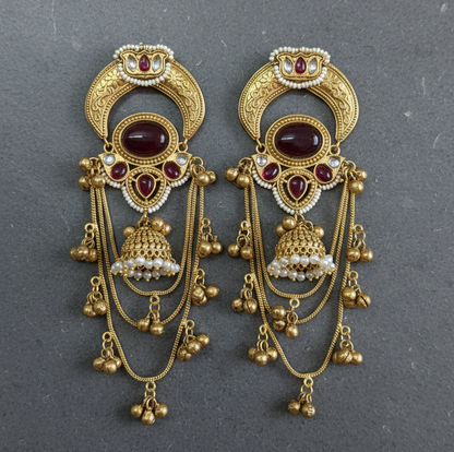 Antique Gold Kashmiri Dejhoor Earrings with Stones and Pearl Droplets