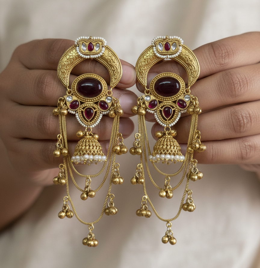 Antique Gold Kashmiri Dejhoor Earrings with Stones and Pearl Droplets
