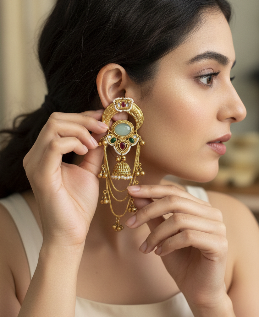 Antique Gold Kashmiri Dejhoor Earrings with Stones and Pearl Droplets