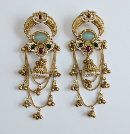 Antique Gold Kashmiri Dejhoor Earrings with Stones and Pearl Droplets
