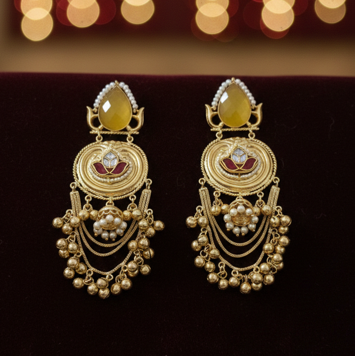 Gold-Plated Kashmiri Chandbali Earrings with  Onyx & Red Lotus Kundan Work