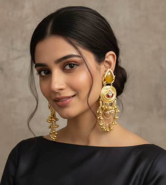 Gold-Plated Kashmiri Chandbali Earrings with  Onyx & Red Lotus Kundan Work