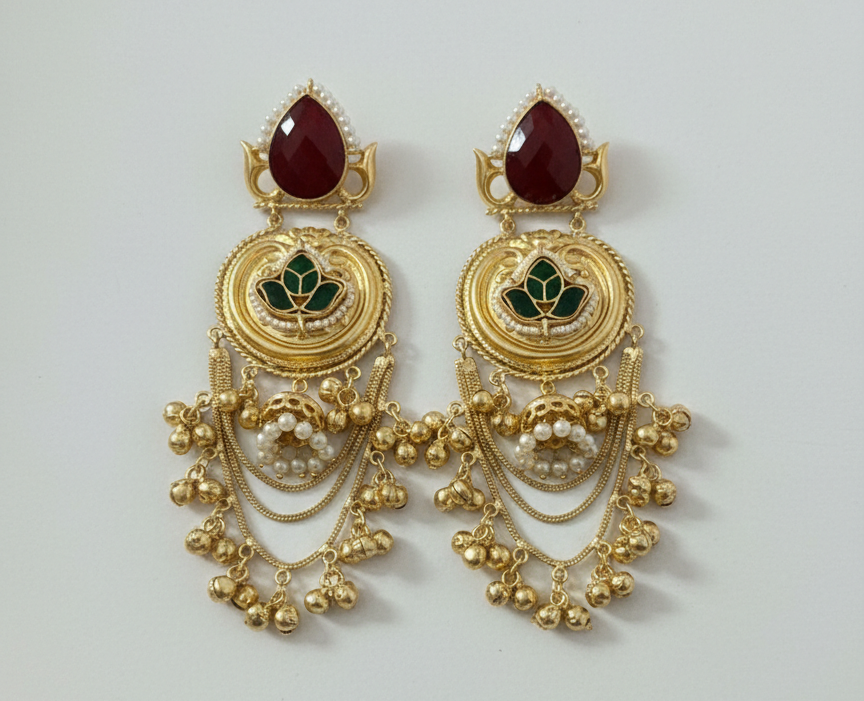 Gold-Plated Kashmiri Chandbali Earrings with  Onyx & Red Lotus Kundan Work