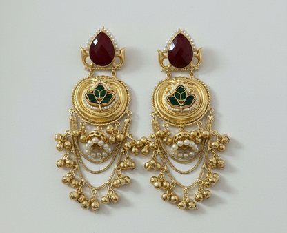 Gold-Plated Kashmiri Chandbali Earrings with  Onyx & Red Lotus Kundan Work