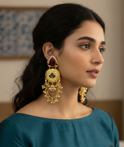 Gold-Plated Kashmiri Chandbali Earrings with  Onyx & Red Lotus Kundan Work