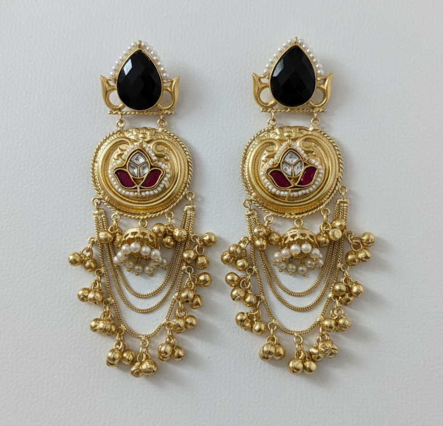 Gold-Plated Kashmiri Chandbali Earrings with  Onyx & Red Lotus Kundan Work