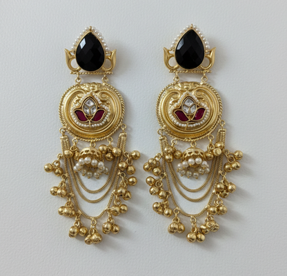 Gold-Plated Kashmiri Chandbali Earrings with  Onyx & Red Lotus Kundan Work