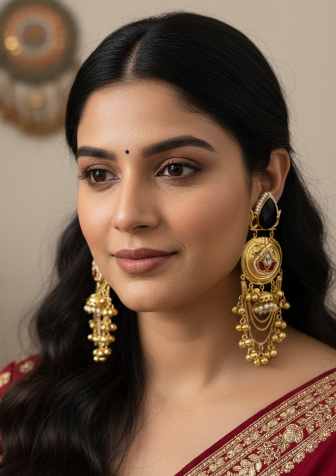 Gold-Plated Kashmiri Chandbali Earrings with  Onyx & Red Lotus Kundan Work
