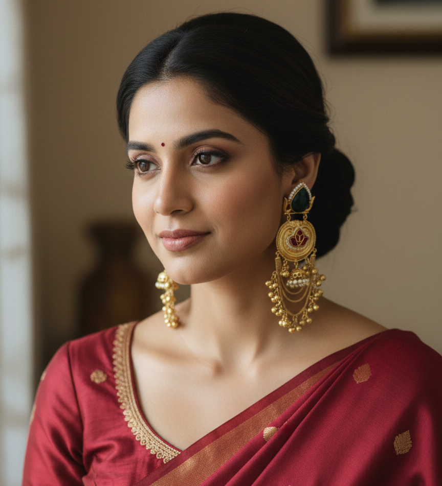 Gold-Plated Kashmiri Chandbali Earrings with  Onyx & Red Lotus Kundan Work