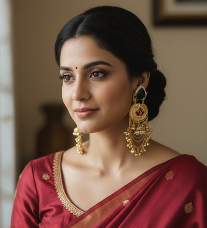 Gold-Plated Kashmiri Chandbali Earrings with  Onyx & Red Lotus Kundan Work