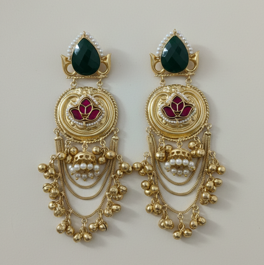 Gold-Plated Kashmiri Chandbali Earrings with  Onyx & Red Lotus Kundan Work