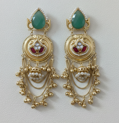 Gold-Plated Kashmiri Chandbali Earrings with  Onyx & Red Lotus Kundan Work